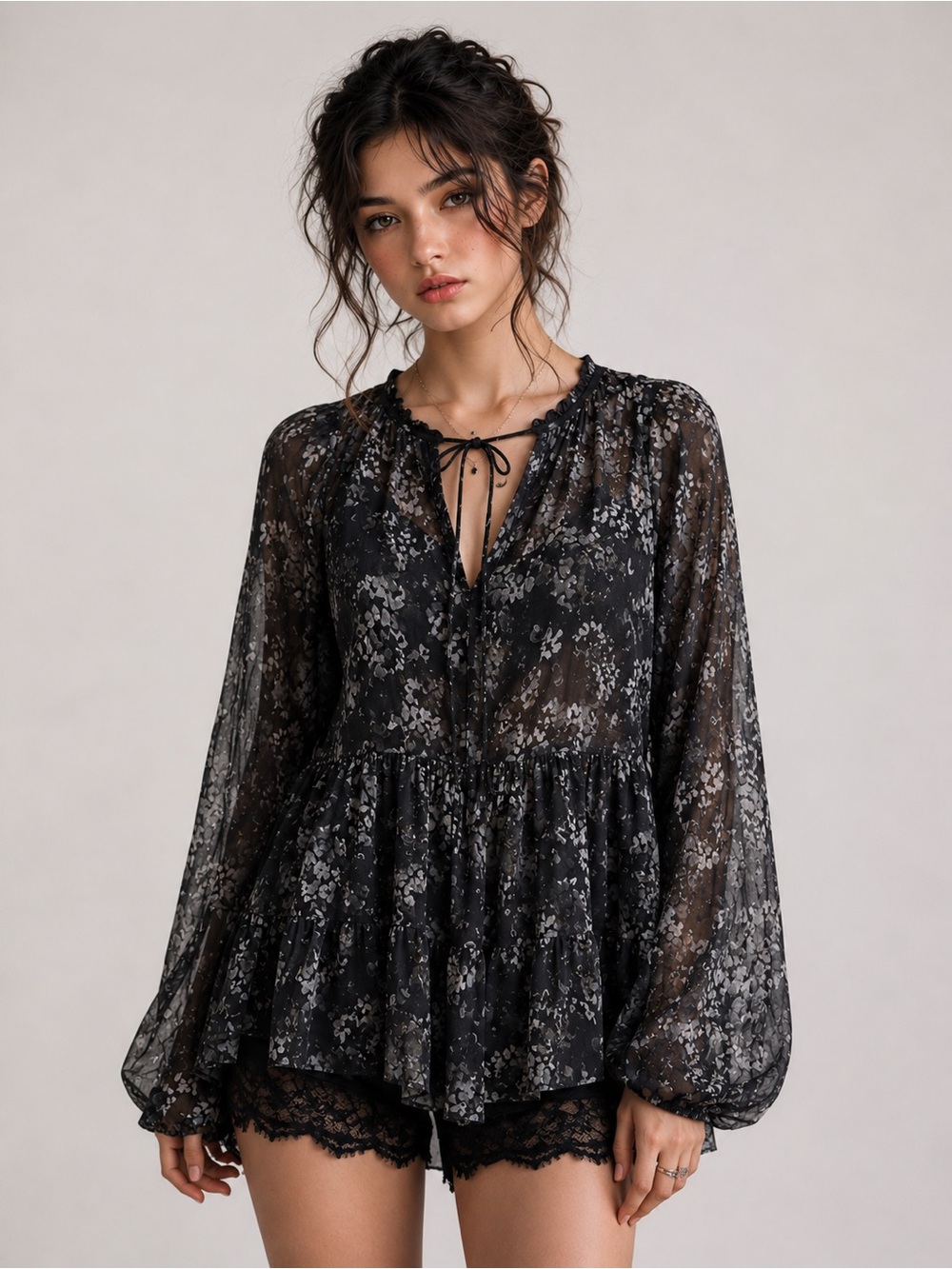 Anthropologie Cloth & Stone NWT XS Dark Floral Boho Fairycore‎ Sheer Peplum